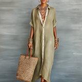 Casual Maxi Dress | Classic Collar Long Summer Dress with Rolled Sleeves and Relaxed Fit 4