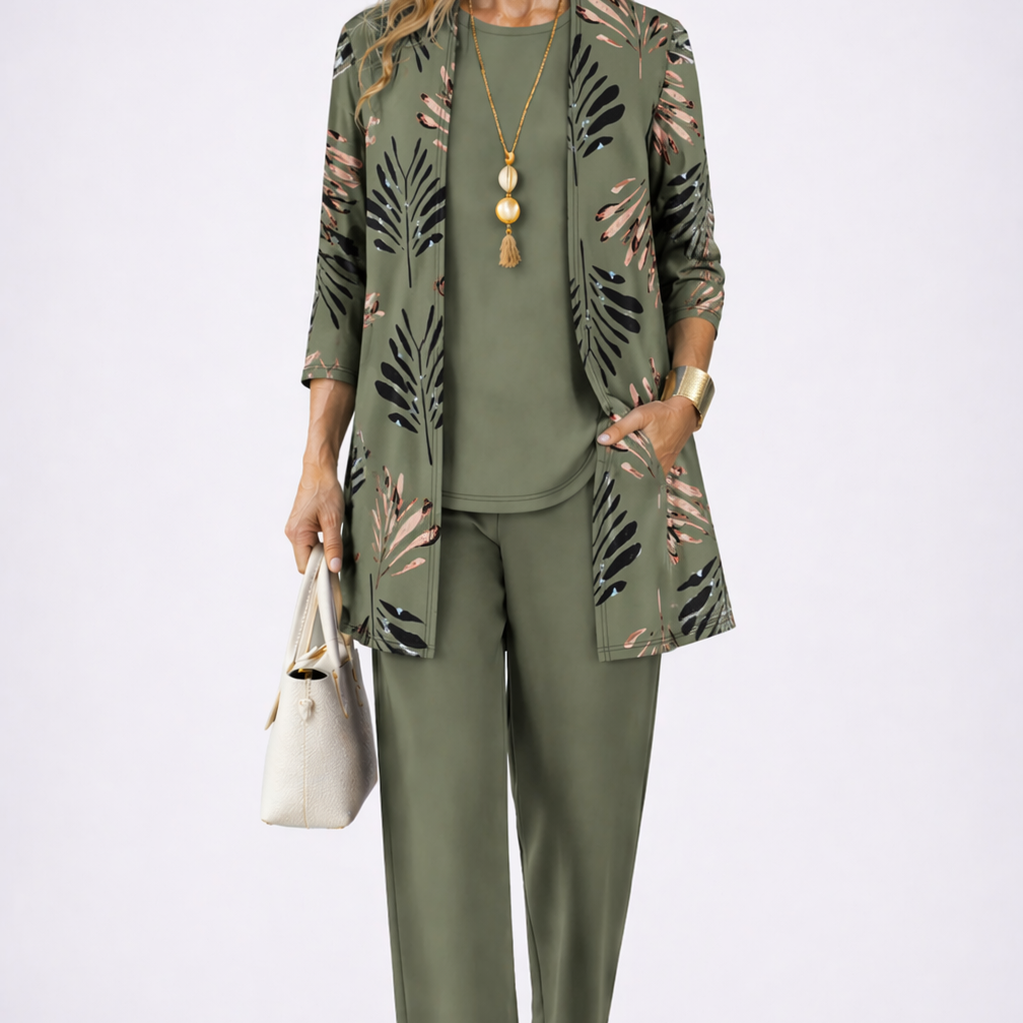 Women's Printed 3-Piece Lounge Set | Relaxed Cardigan, Top & Trouser Set