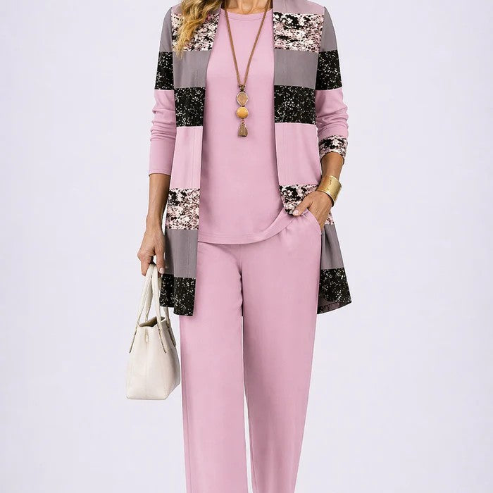 Women's Printed 3-Piece Lounge Set | Relaxed Cardigan, Top & Trouser Set