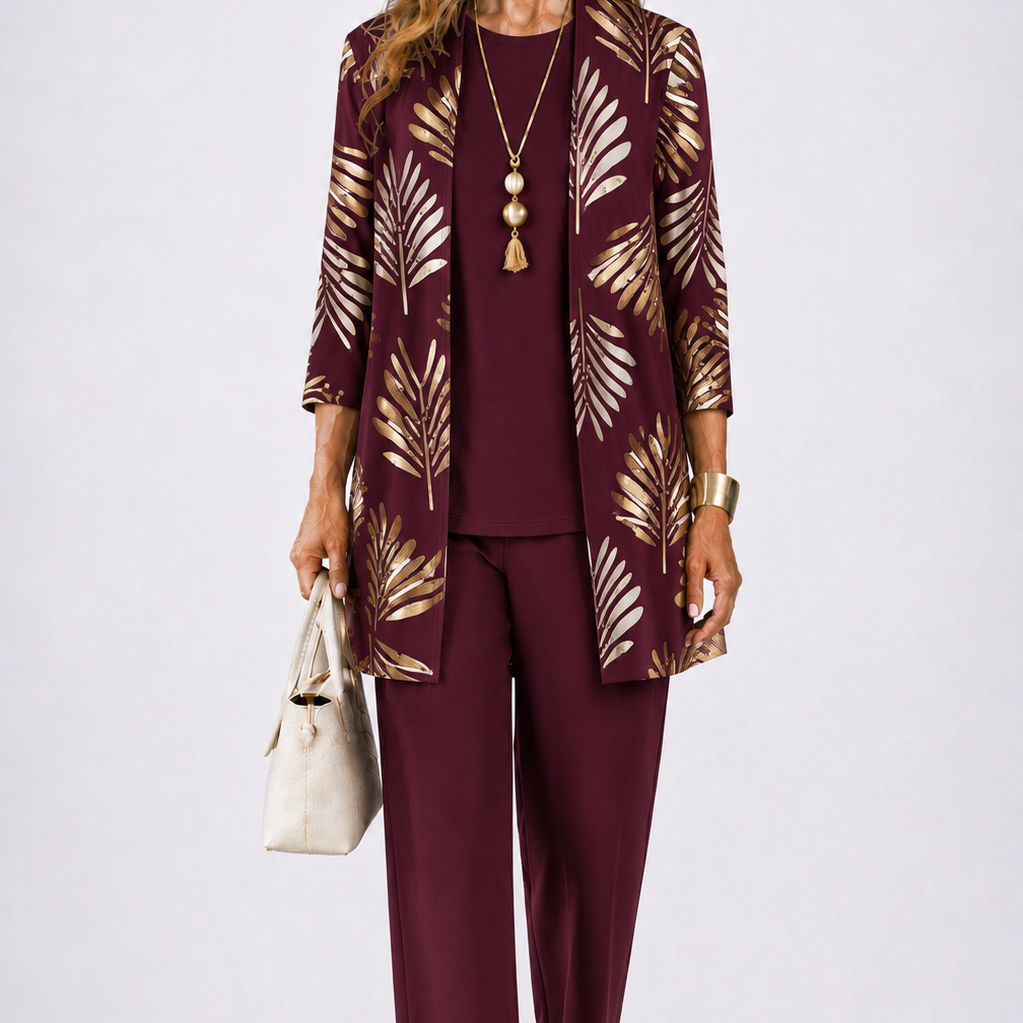 Women's Printed 3-Piece Lounge Set | Relaxed Cardigan, Top & Trouser Set