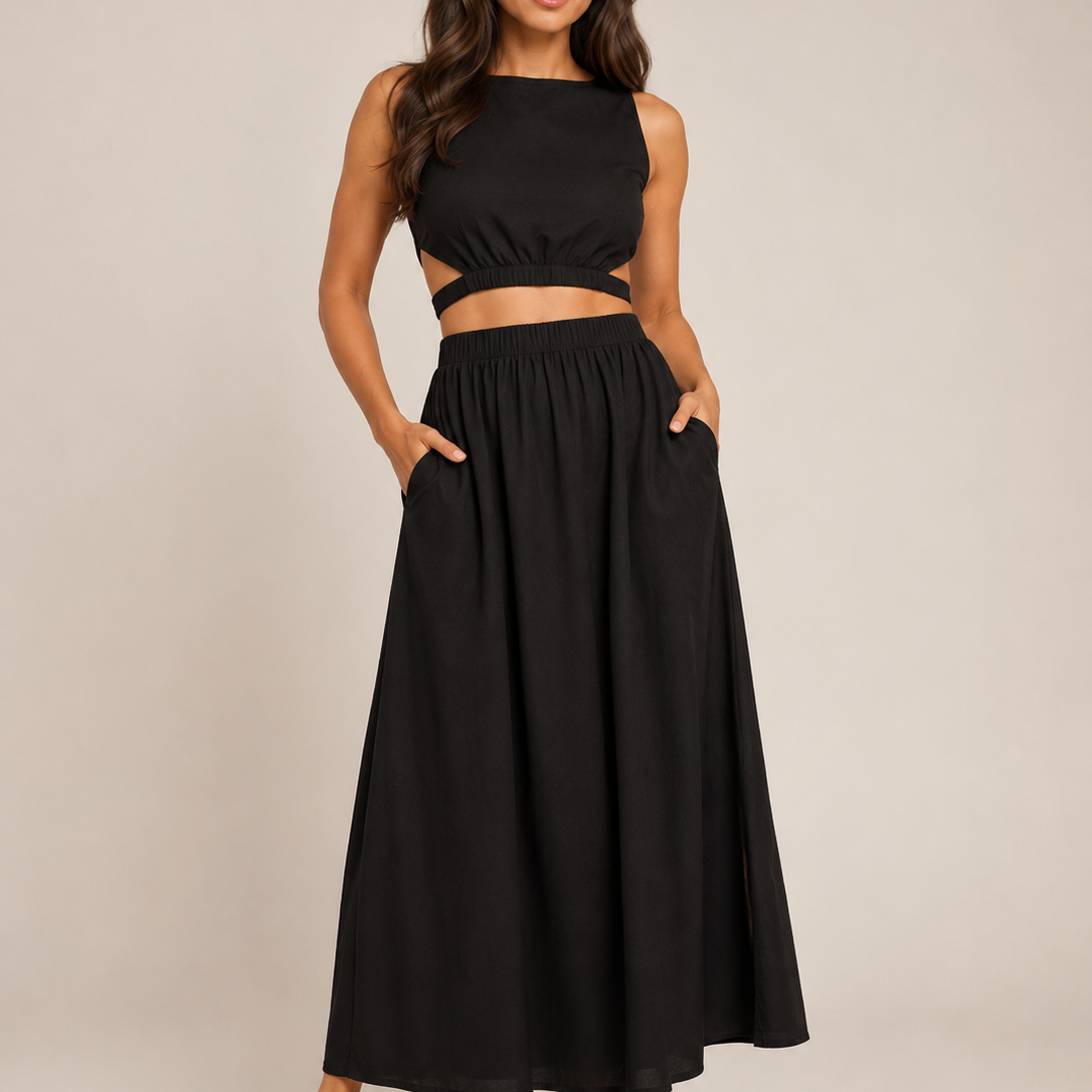Women's Cotton Maxi Skirt | Elegant Elastic-Waist Pocket Skirt