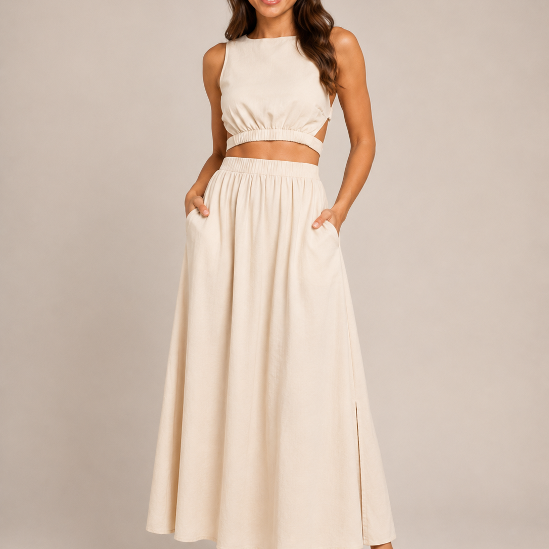 Women's Cotton Maxi Skirt | Elegant Elastic-Waist Pocket Skirt