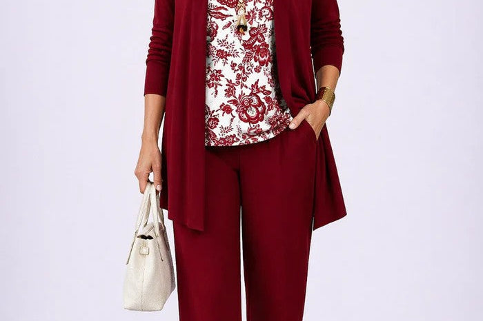 Women's Botanical Print 3-Piece Set | Cardigan, Top & Trouser Set