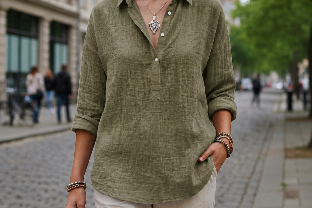 Women's Linen-Look Popover Blouse | Relaxed Elegant Button Top