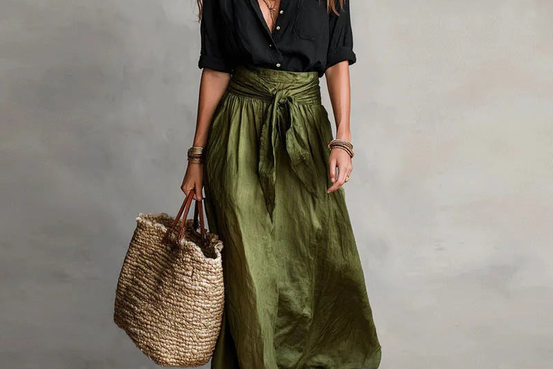 Women's Two-Piece Skirt Set | Button-Down Blouse & Midi Skirt Co-Ord
