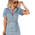 Denim Dress | Chic Mini Dress with Button Front and Puff Sleeves | Stylish Casual Summer Dress 0