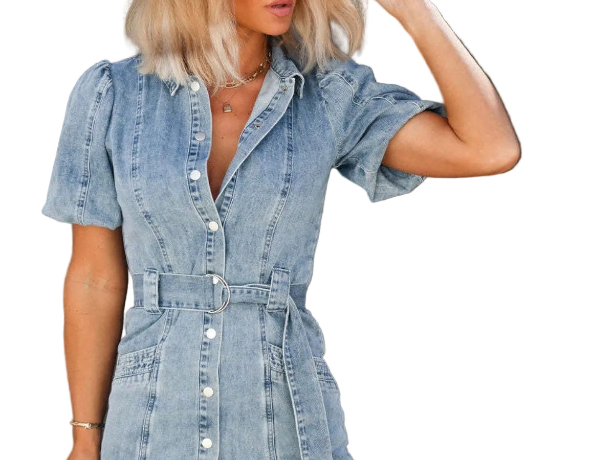 Denim Dress | Chic Mini Dress with Button Front and Puff Sleeves | Stylish Casual Summer Dress 0