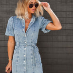 Denim Dress | Chic Mini Dress with Button Front and Puff Sleeves | Stylish Casual Summer Dress 2