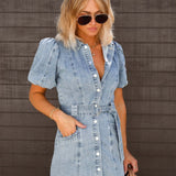 Denim Dress | Chic Mini Dress with Button Front and Puff Sleeves | Stylish Casual Summer Dress 4