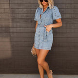 Denim Dress | Chic Mini Dress with Button Front and Puff Sleeves | Stylish Casual Summer Dress 5