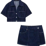 Denim Set | Relaxed Crop Top and Mini Skort Outfit | Stylish Casual Two Piece Set 0