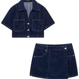 Denim Set | Relaxed Crop Top and Mini Skort Outfit | Stylish Casual Two Piece Set 0