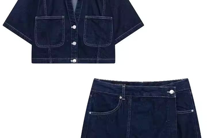 Denim Set | Relaxed Crop Top and Mini Skort Outfit | Stylish Casual Two Piece Set 0
