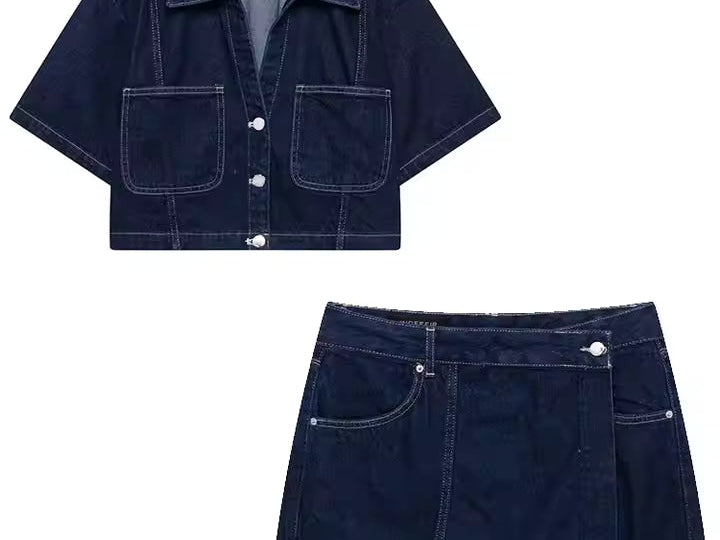 Denim Set | Relaxed Crop Top and Mini Skort Outfit | Stylish Casual Two Piece Set 0