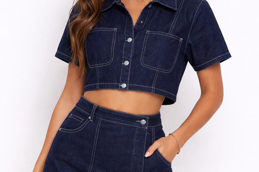 Denim Set | Relaxed Crop Top and Mini Skort Outfit | Stylish Casual Two Piece Set 2