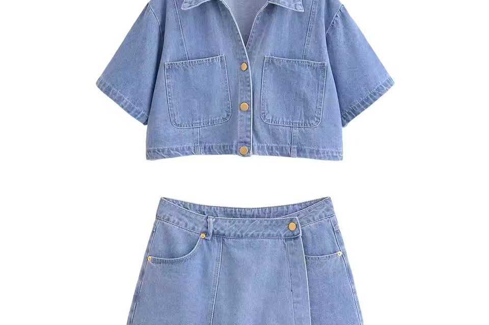Denim Set | Relaxed Crop Top and Mini Skort Outfit | Stylish Casual Two Piece Set 9
