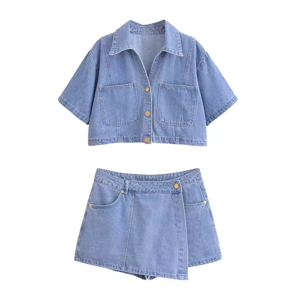 Denim Set | Relaxed Crop Top and Mini Skort Outfit | Stylish Casual Two Piece Set 9