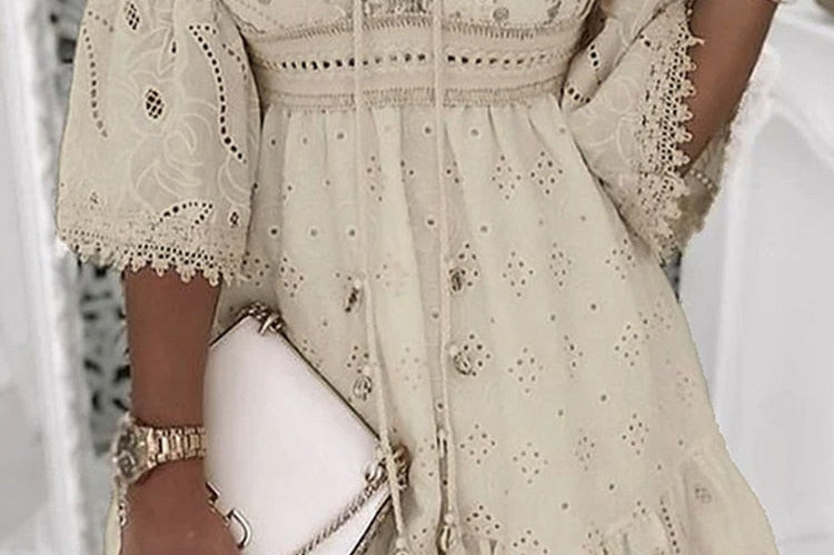 Dress | Bohemian V-Neck Midi Dress | Relaxed Loose Fit 0