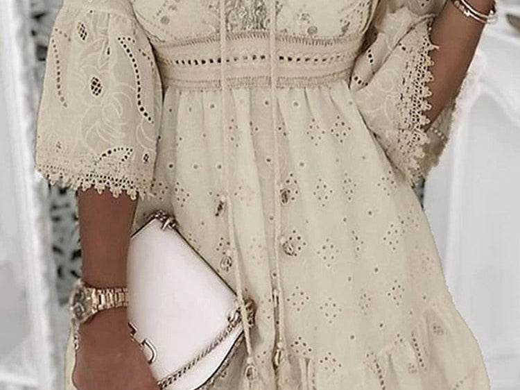 Dress | Bohemian V-Neck Midi Dress | Relaxed Loose Fit 0