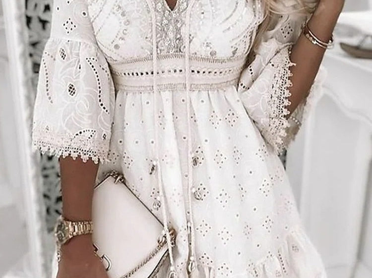 Dress | Bohemian V-Neck Midi Dress | Relaxed Loose Fit 3