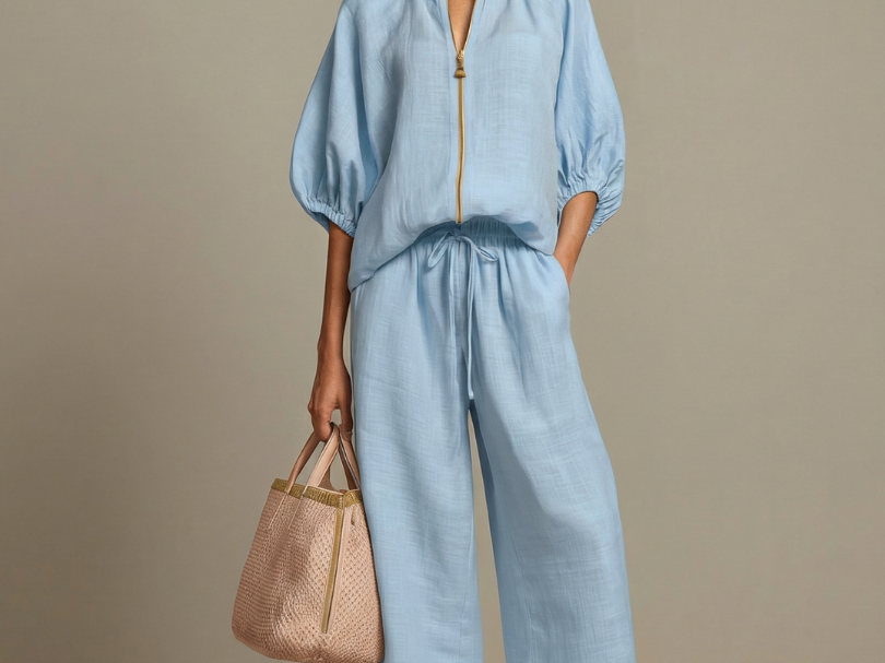 Elegant Twin Set | Puff Sleeve Blouse and Wide Leg Trousers | Chic and Comfortable 0