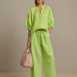 Elegant Twin Set | Puff Sleeve Blouse and Wide Leg Trousers | Chic and Comfortable 1