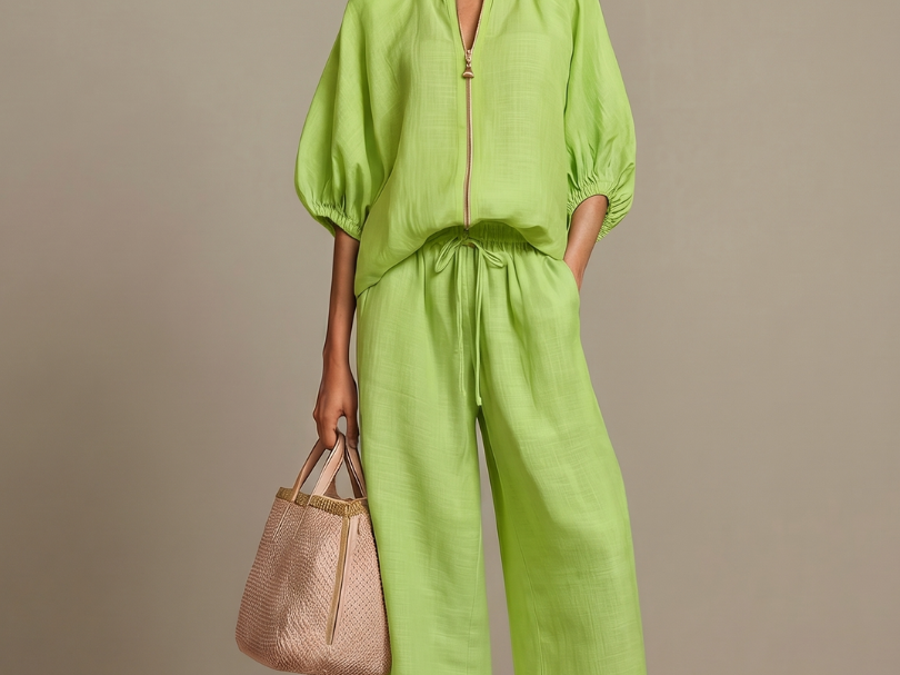 Elegant Twin Set | Puff Sleeve Blouse and Wide Leg Trousers | Chic and Comfortable 1