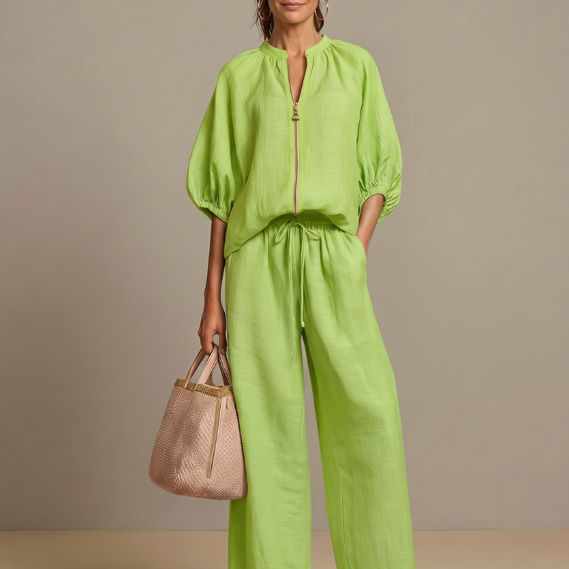 Elegant Twin Set | Puff Sleeve Blouse and Wide Leg Trousers | Chic and Comfortable 1