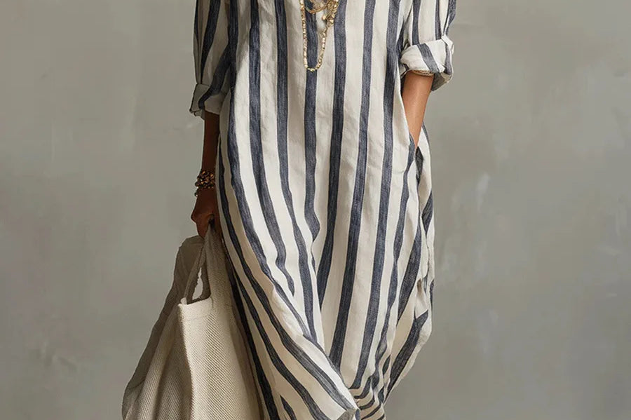 Striped Linen Maxi Dress - Blue