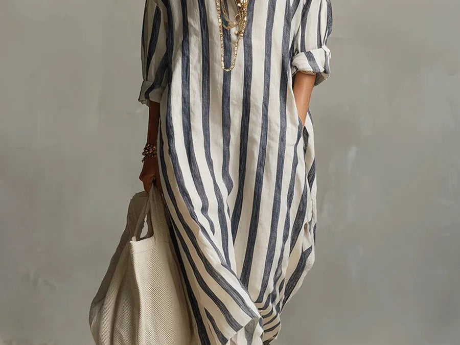 Striped Linen Maxi Dress - Blue