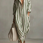 Striped Linen Maxi Dress - Green