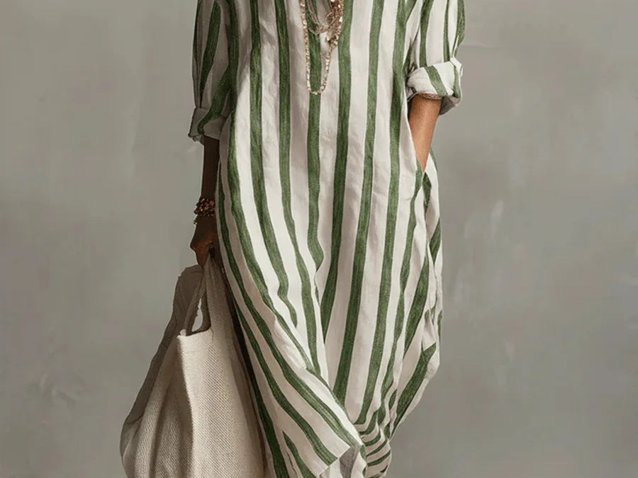 Striped Linen Maxi Dress - Green
