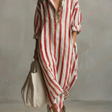 Striped Linen Maxi Dress - Red