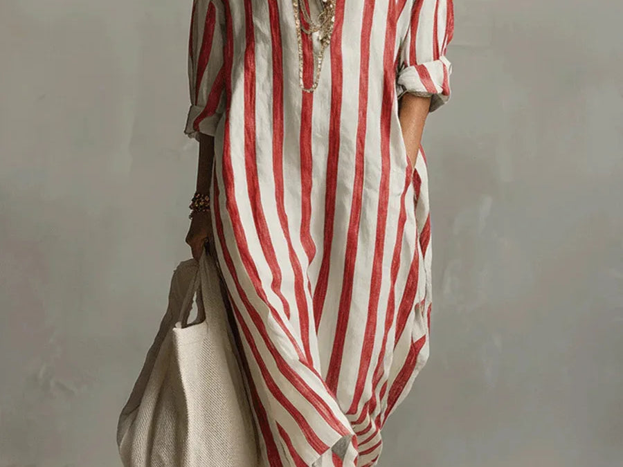 Striped Linen Maxi Dress - Red