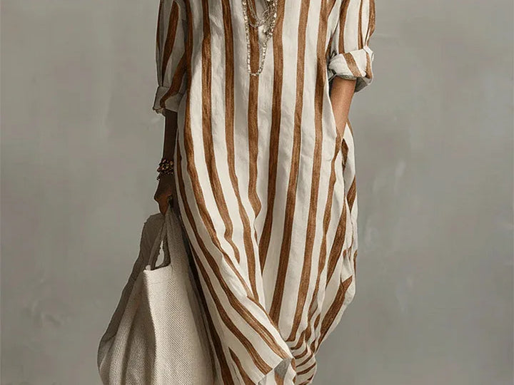 Striped Linen Maxi Dress - Yellow