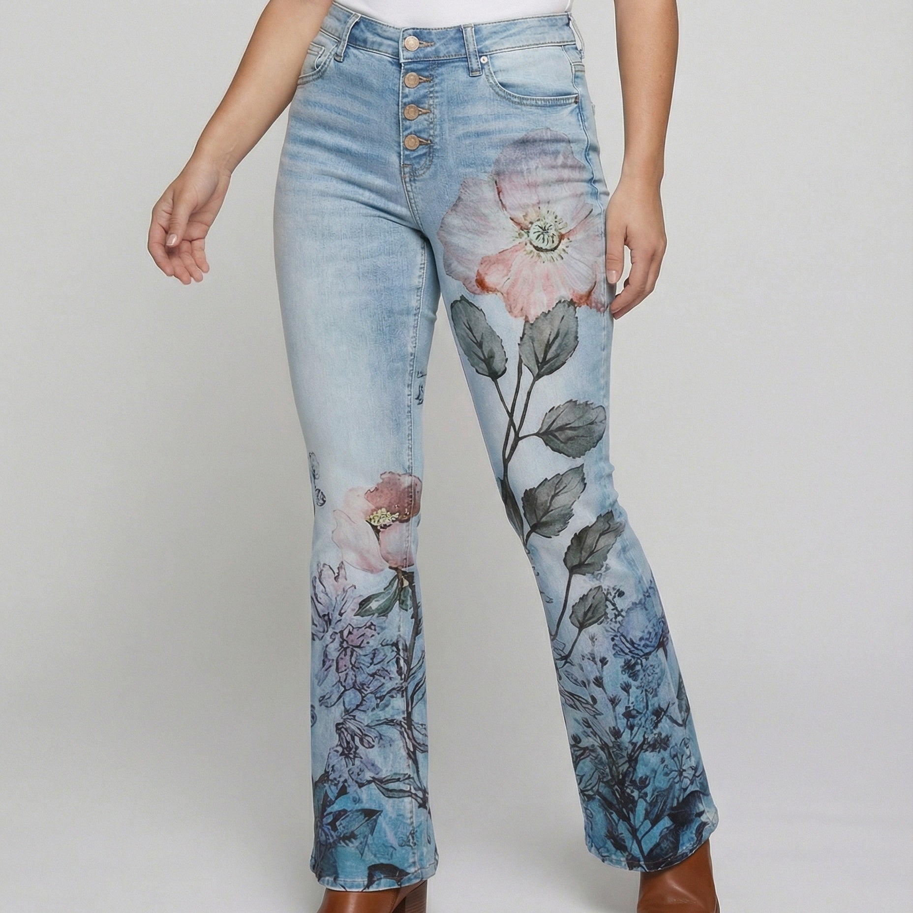 Flared Jeans | Retro High-Waist Stylish Button Detail Pants 0