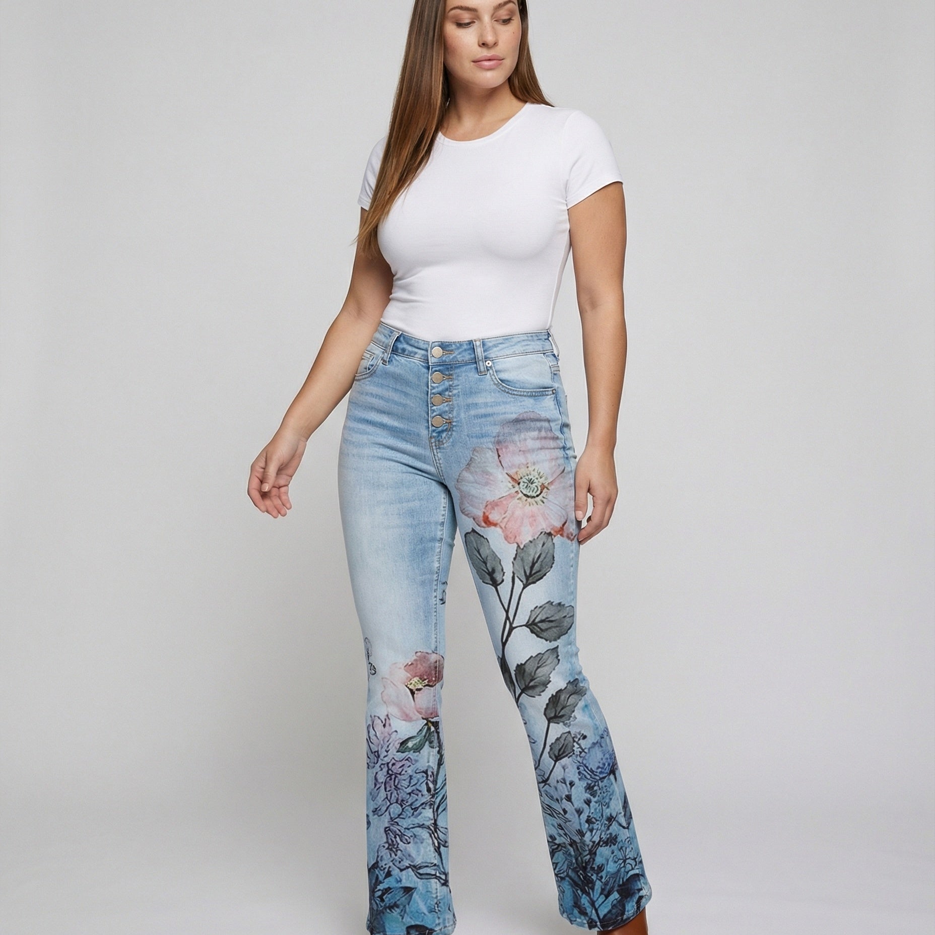 Flared Jeans | Retro High-Waist Stylish Button Detail Pants 1