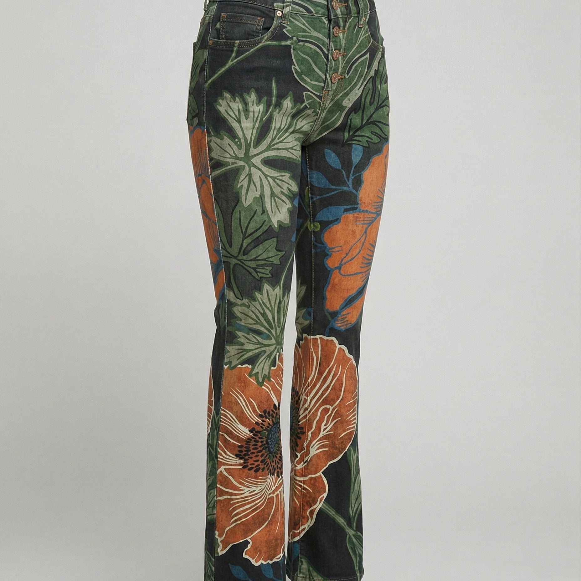 Flared Jeans | Retro High-Waist Stylish Button Detail Pants 8
