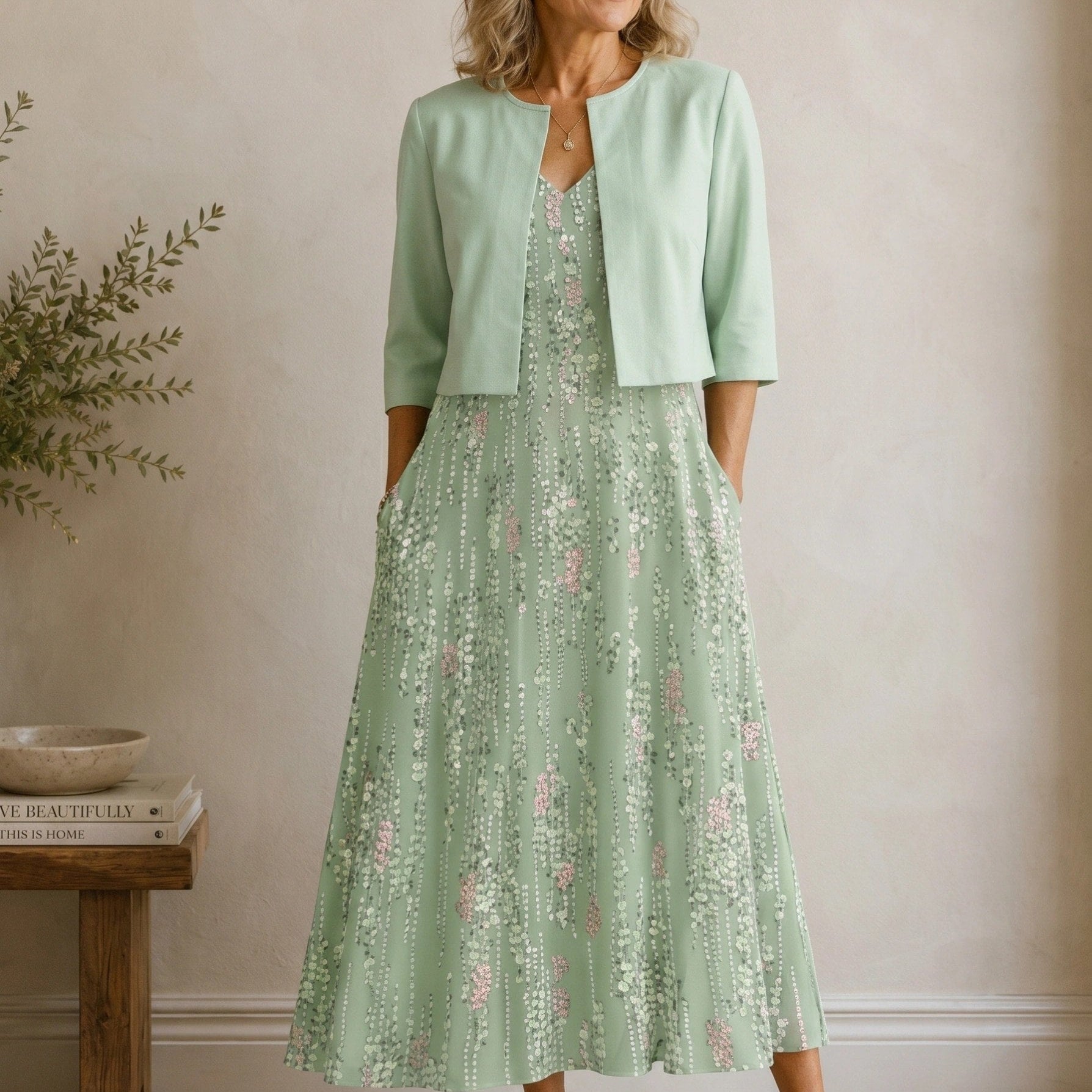 Floral Midi Dress Set | Elegant Two-Piece Wedding Guest Dresses 0