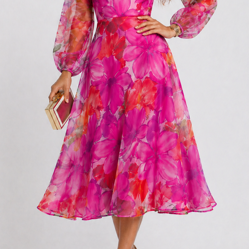 Floral Midi Dress | Elegant Wedding Guest Dresses | Flattering A-Line Summer Style 0