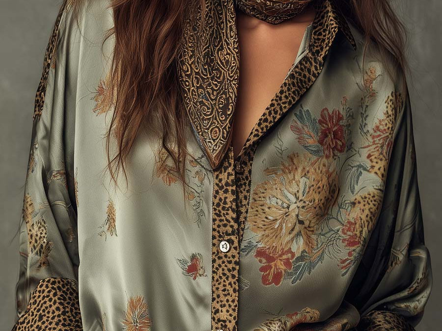 Floral Print Shirt | Elegant Button-Down with Leopard Trim 0