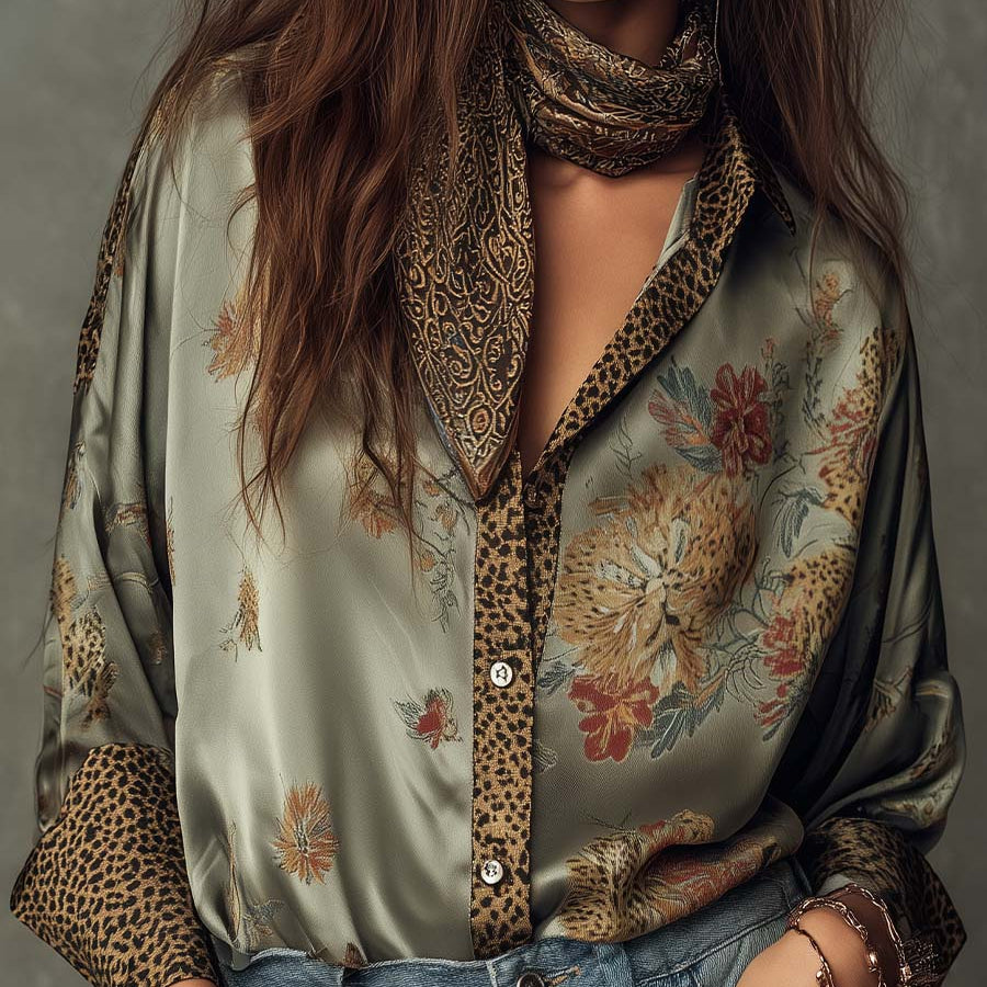 Floral Print Shirt | Elegant Button-Down with Leopard Trim 0