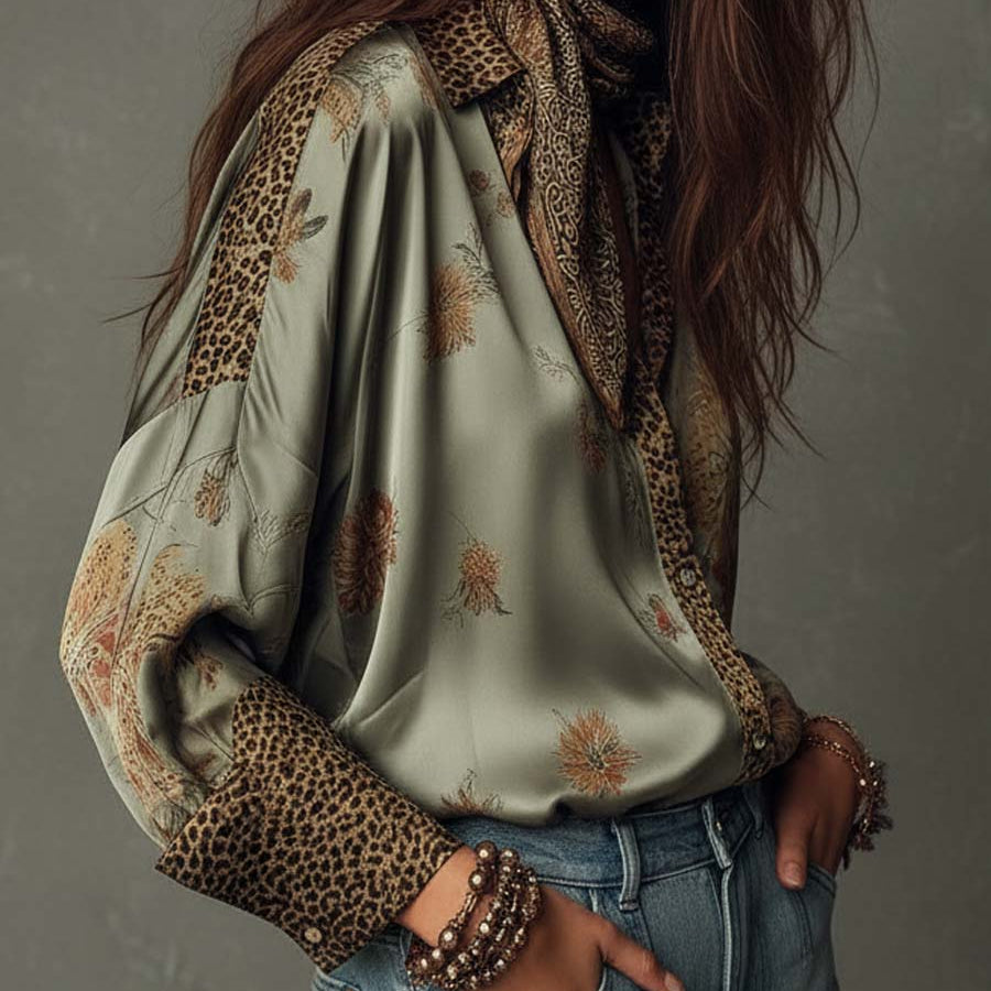 Floral Print Shirt | Elegant Button-Down with Leopard Trim 1