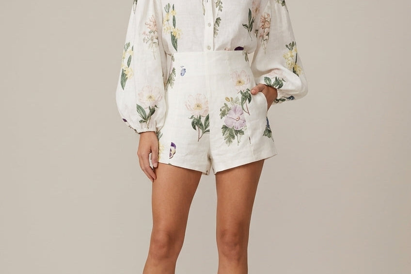 Floral Print Two Piece Set | Stylish Long Sleeve Shirt & High-Waist Shorts 0
