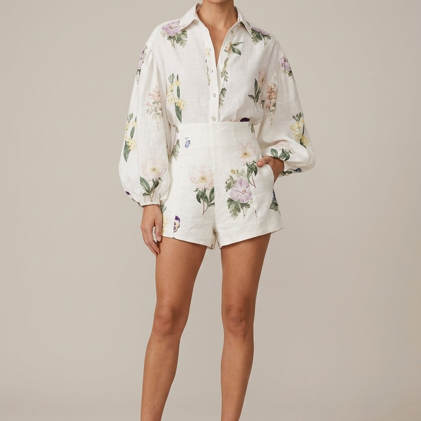 Floral Print Two Piece Set | Stylish Long Sleeve Shirt & High-Waist Shorts 0