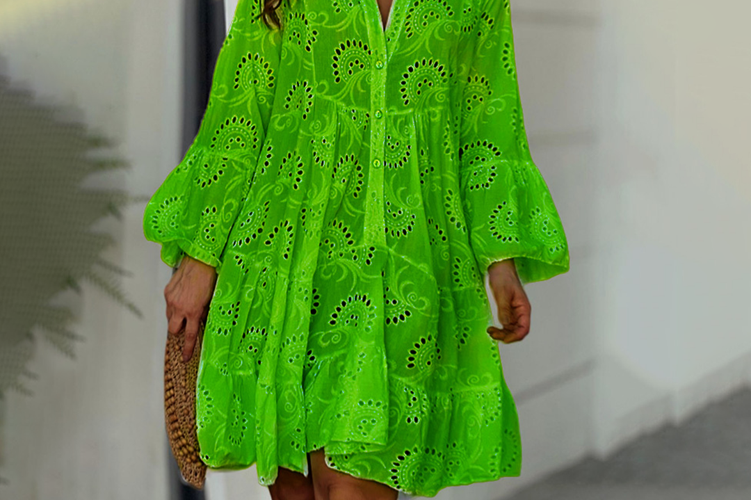 Women's Openwork Embroidered Summer Dress | Elegant Long-Sleeve V-Neck Dress