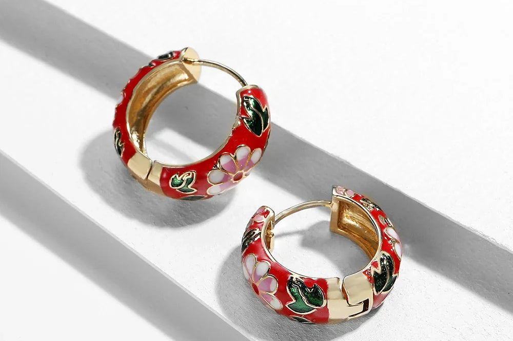 Women's Gold-Plated Enamel Huggie Hoop Earrings | Waterproof Floral Hoops