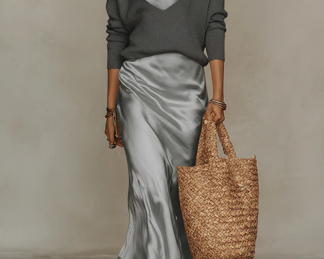 Isabella Collection | White Satin Midi Dress with Luminous Finish | Elegant Long Sleeve Design for Everyday Sophistication 4