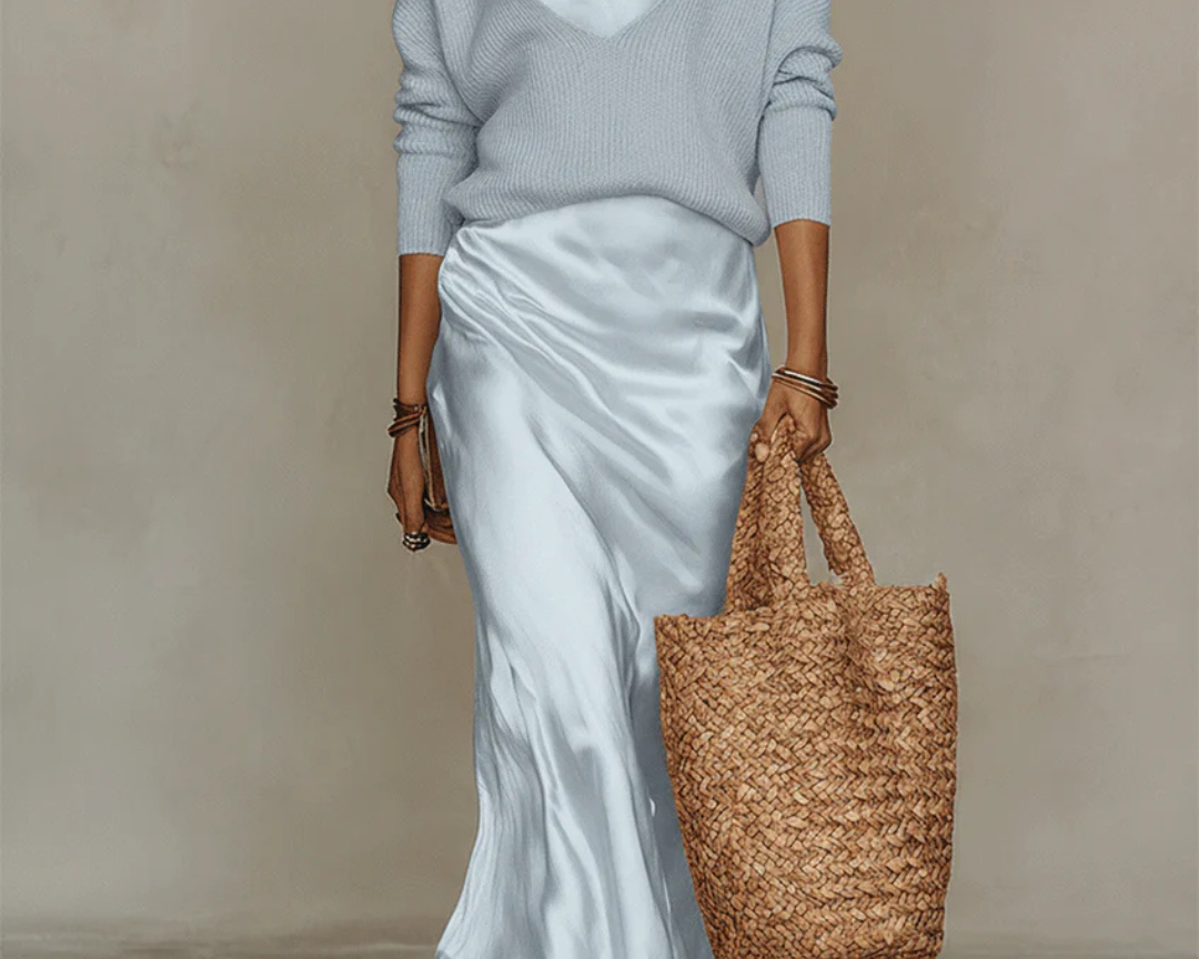 Isabella Collection | White Satin Midi Dress with Luminous Finish | Elegant Long Sleeve Design for Everyday Sophistication 5