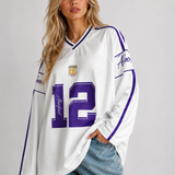 Jersey Top | Oversized Sporty Long Sleeve V-Neck with Trendy Print 0